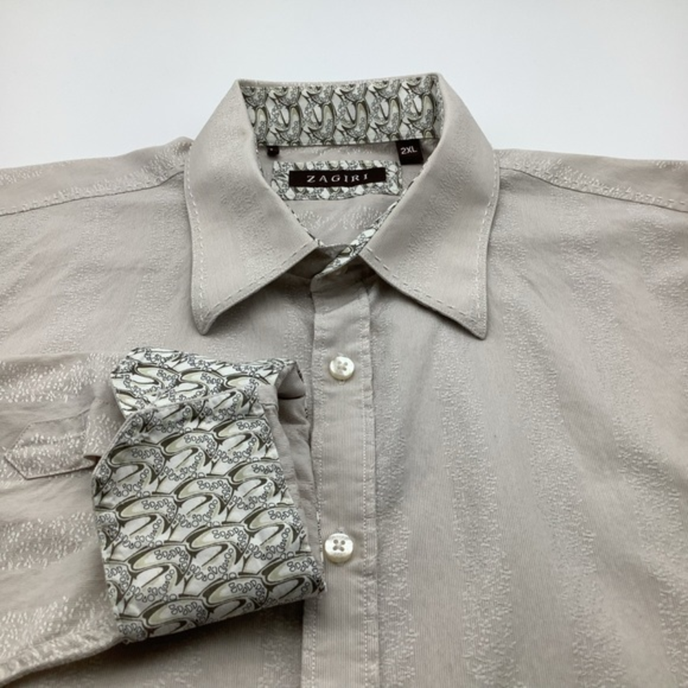 Zagiri Mens Long Sleeve Button Up Collared Shirt‎ Ivory With Flip Cuff Sz 2XL.